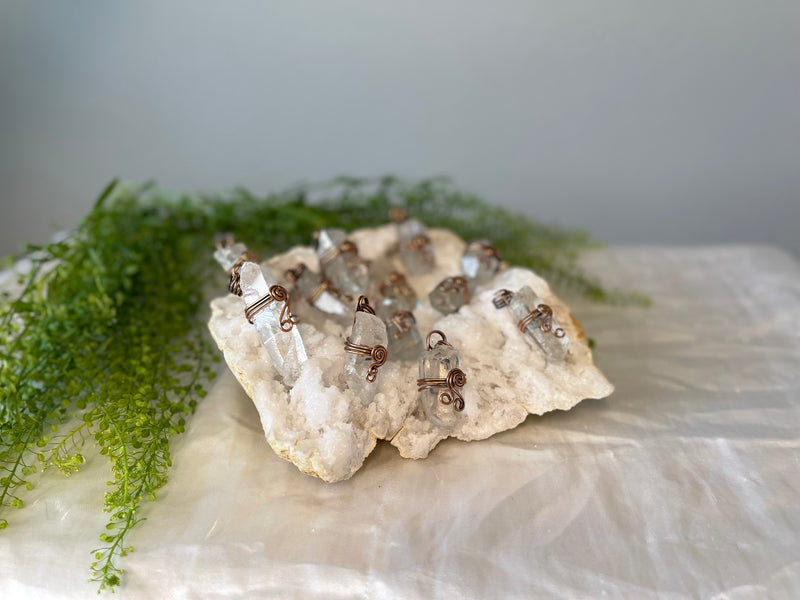 Clear Quartz and Antiqued Copper Pendants