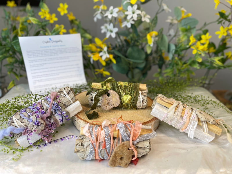 White Sage, Palo Santo, Selenite Fabric Wrapped Smudge Bundle with Hag Stone FB2344