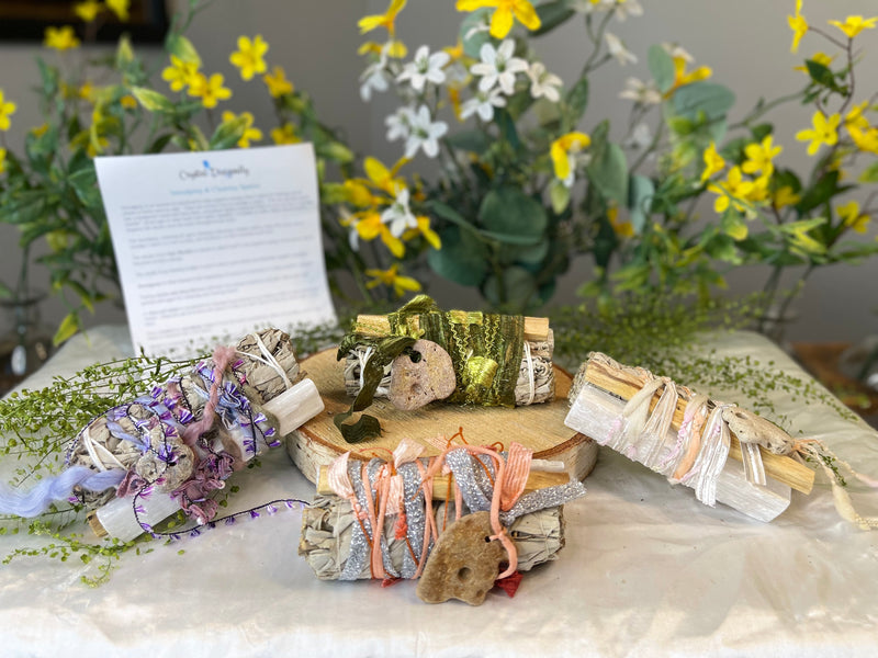 White Sage, Palo Santo, Selenite Fabric Wrapped Smudge Bundle with Hag Stone FB2344