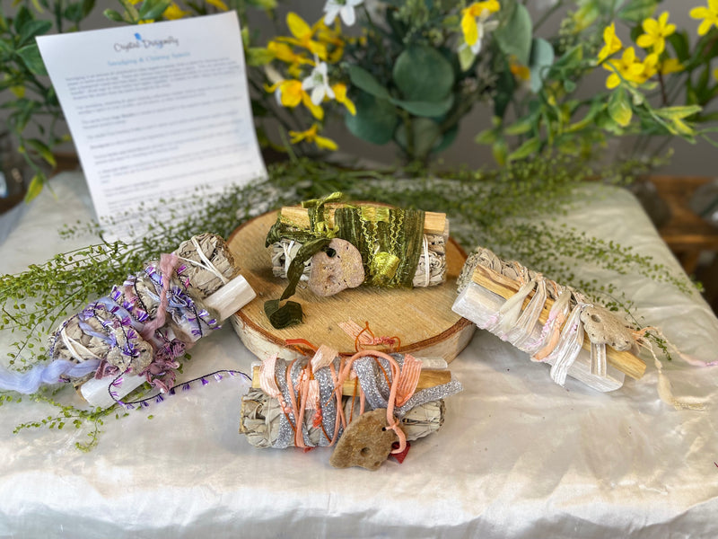 White Sage, Palo Santo, Selenite Fabric Wrapped Smudge Bundle with Hag Stone FB2344