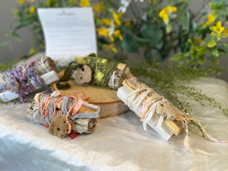 White Sage, Palo Santo, Selenite Fabric Wrapped Smudge Bundle with Hag Stone FB2344