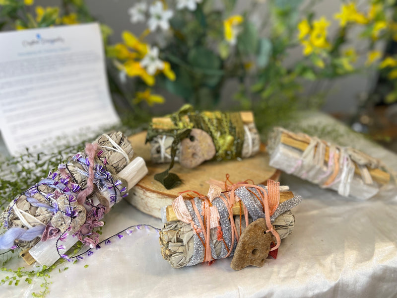 White Sage, Palo Santo, Selenite Fabric Wrapped Smudge Bundle with Hag Stone FB2344