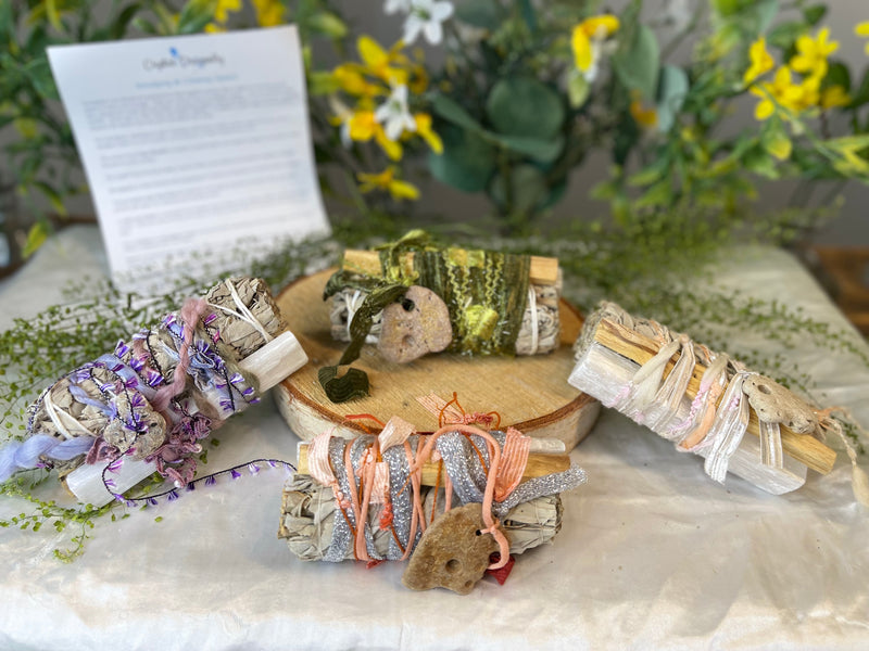 White Sage, Palo Santo, Selenite Fabric Wrapped Smudge Bundle with Hag Stone FB2344