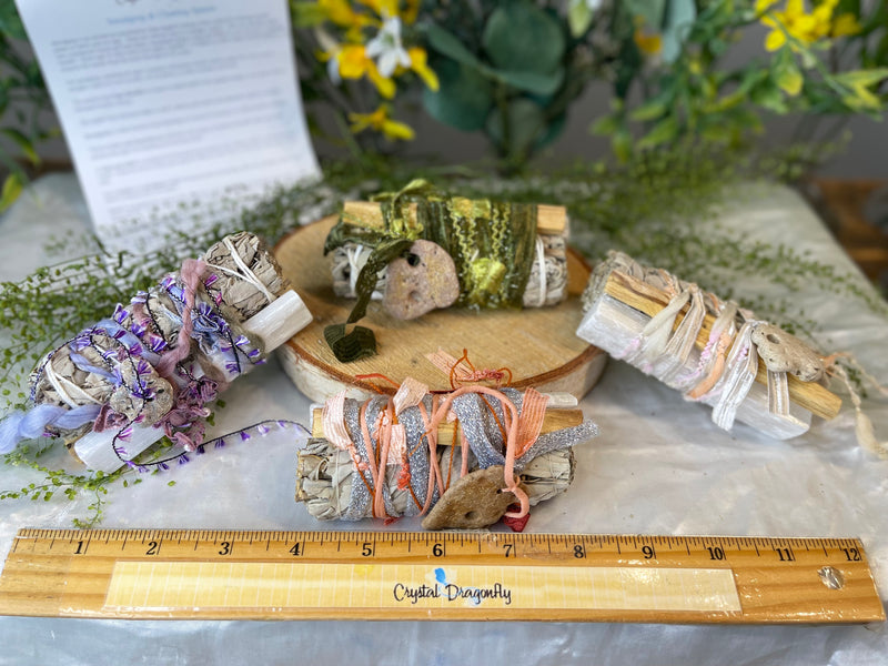 White Sage, Palo Santo, Selenite Fabric Wrapped Smudge Bundle with Hag Stone FB2344