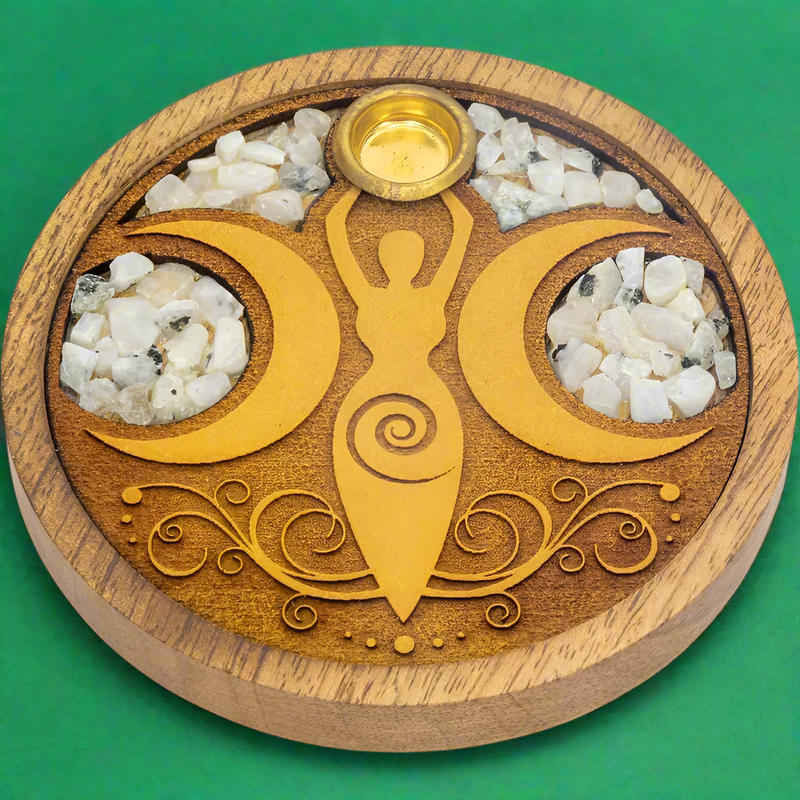 Laser Etched Wood Round Incense Holder - Moon Goddess Rainbow Moonstone Inlay FB2402