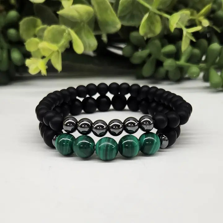 Malachite, Matte Black Obsidian, Hematite Power / Prayer Bracelet, 2 Bracelet Set FB1909 🩷