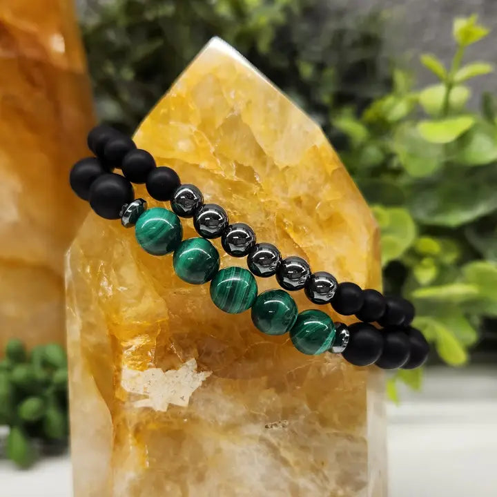 Malachite, Matte Black Obsidian, Hematite Power / Prayer Bracelet, 2 Bracelet Set FB1909 🩷