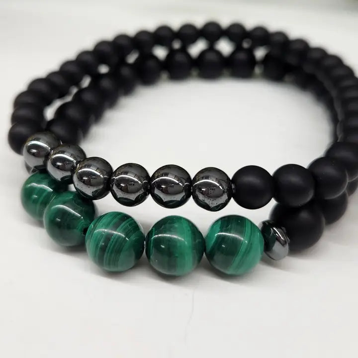 Malachite, Matte Black Obsidian, Hematite Power / Prayer Bracelet, 2 Bracelet Set FB1909 🩷