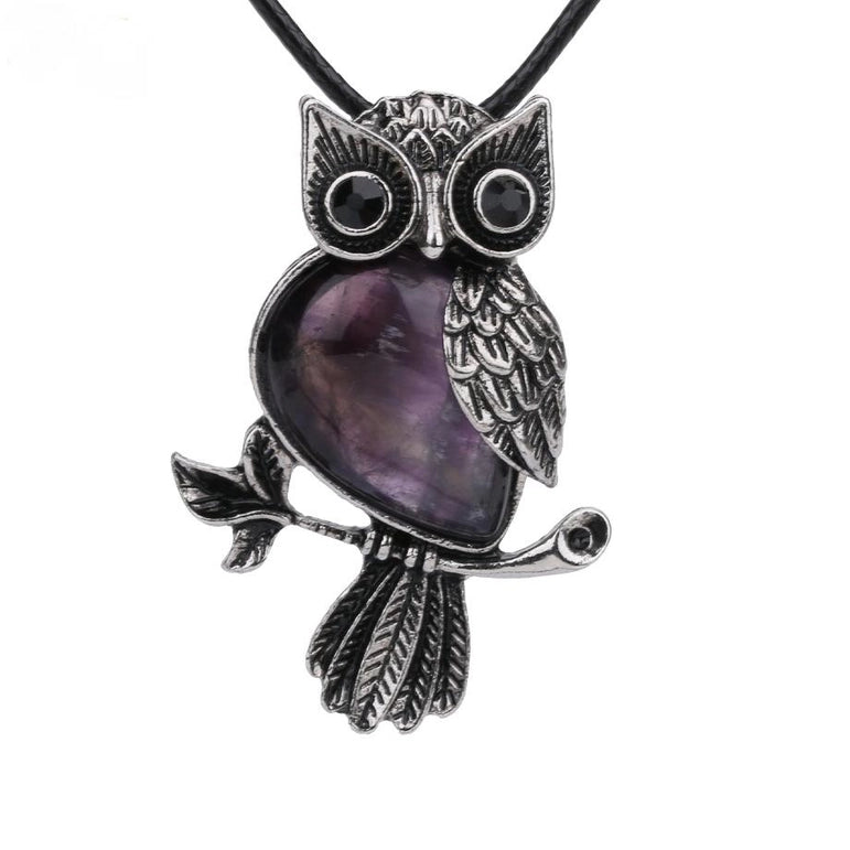 Gemstone Owls on Branch in Assorted Gemstones with cord, Totem Spirit Animal FB3477