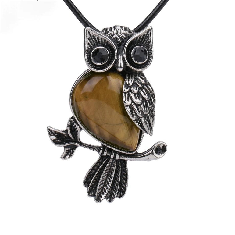 Gemstone Owls on Branch in Assorted Gemstones with cord, Totem Spirit Animal FB3477