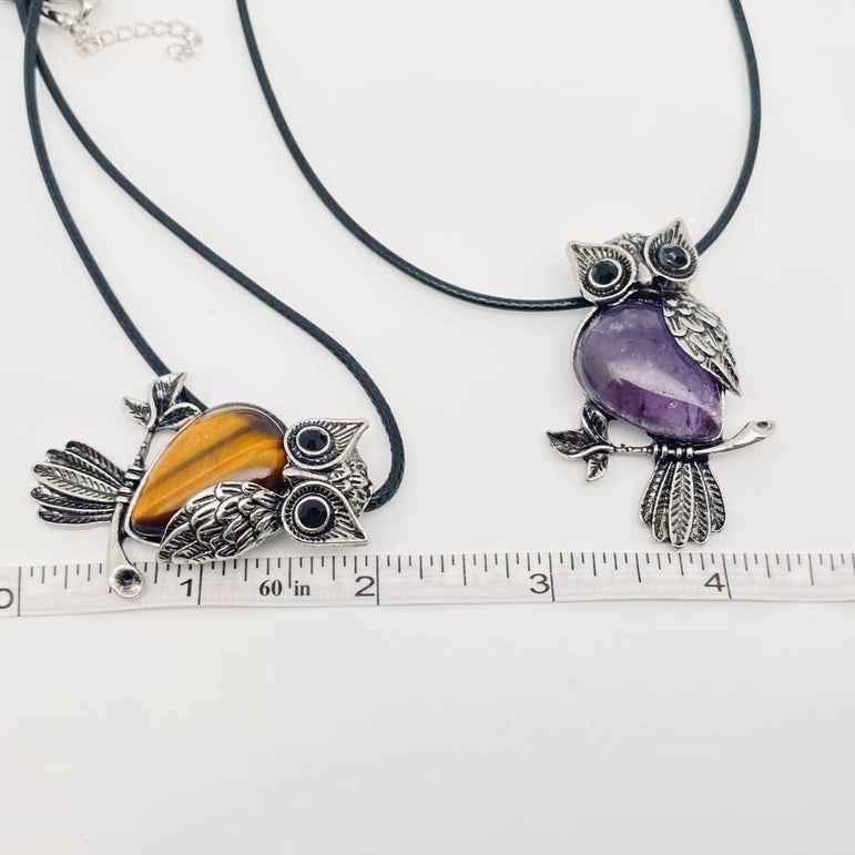 Gemstone Owls on Branch in Assorted Gemstones with cord, Totem Spirit Animal FB3477