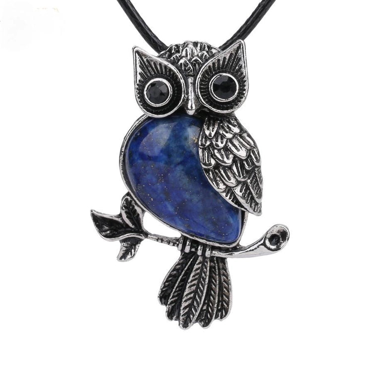 Gemstone Owls on Branch in Assorted Gemstones with cord, Totem Spirit Animal FB3477