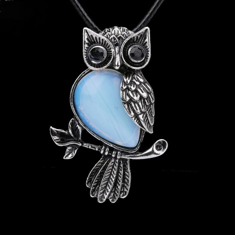 Gemstone Owls on Branch in Assorted Gemstones with cord, Totem Spirit Animal FB3477