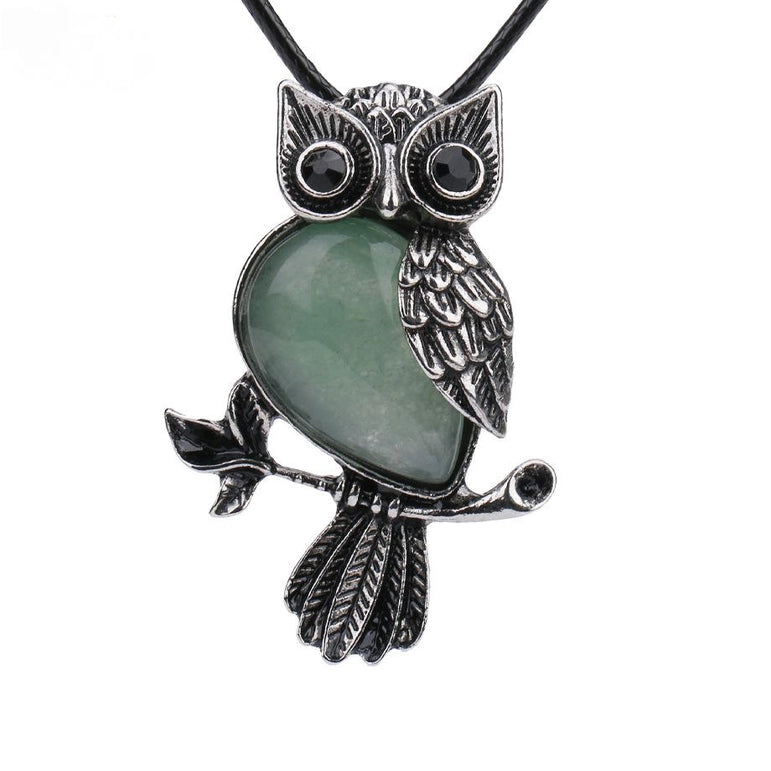 Gemstone Owls on Branch in Assorted Gemstones with cord, Totem Spirit Animal FB3477