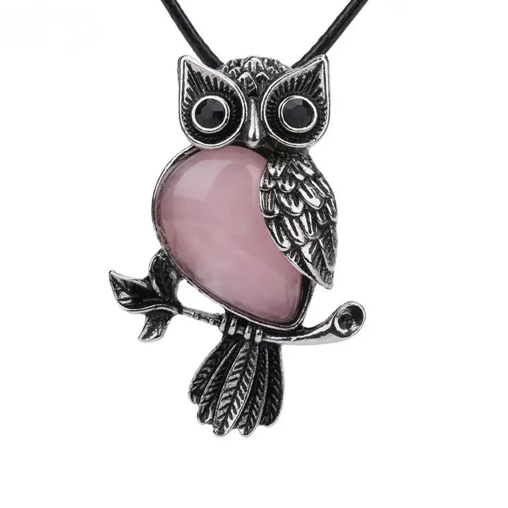 Gemstone Owls on Branch in Assorted Gemstones with cord, Totem Spirit Animal FB3477