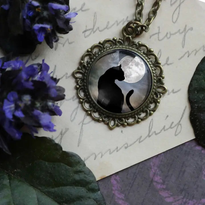 Black Cat & Moon Glass Cabochon Necklace FB2706 🐈‍⬛