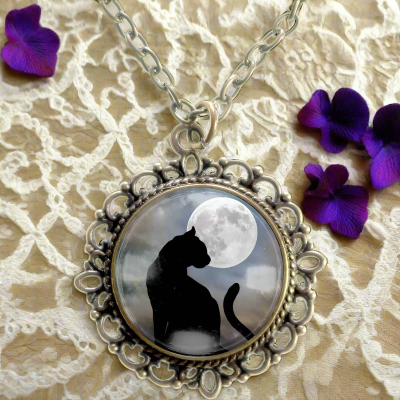 Black Cat & Moon Glass Cabochon Necklace FB2706 🐈‍⬛