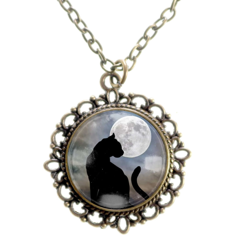 Black Cat & Moon Glass Cabochon Necklace FB2706 🐈‍⬛