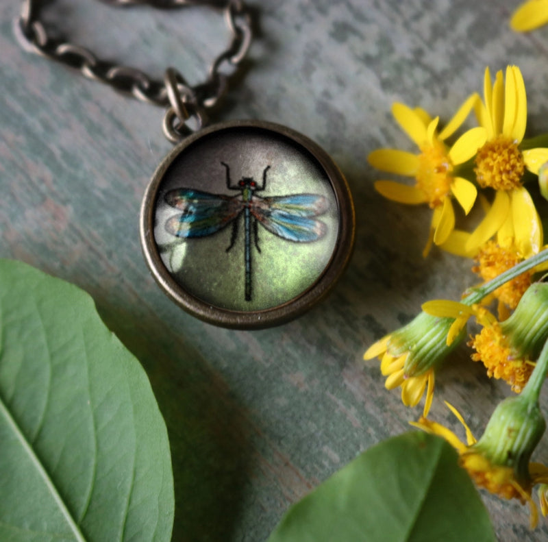 Dragonfly Green Glass Cabochon Double Sided Necklace FB2659 🦚