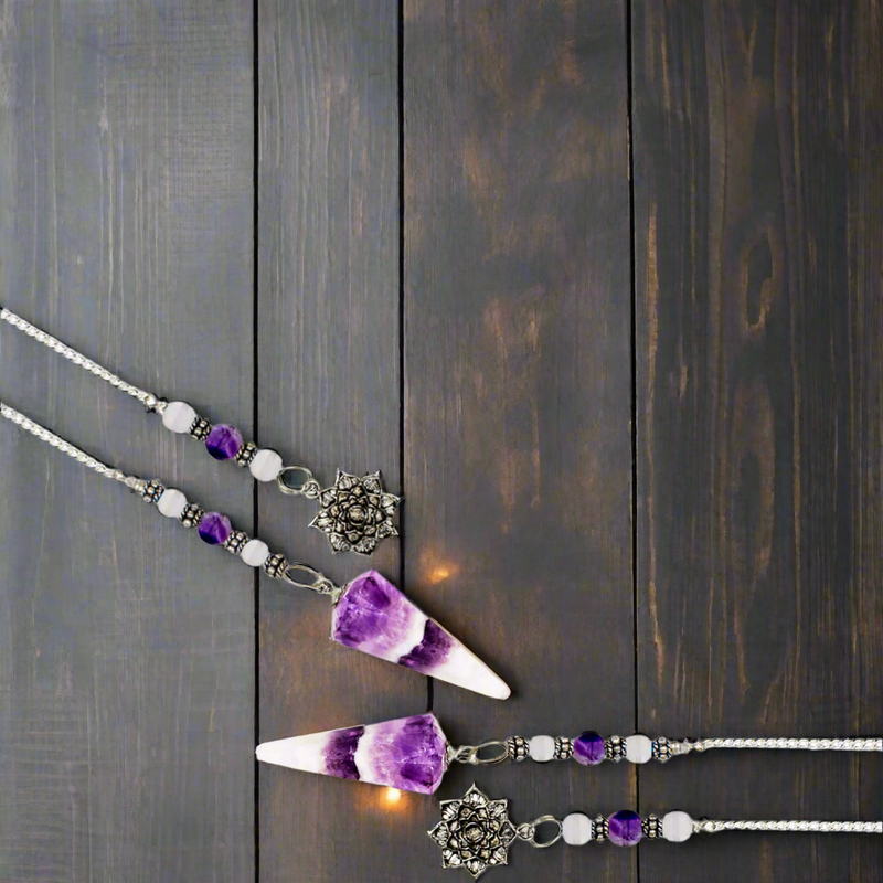 Amethyst Chevron Pendulum, Beaded with Lotus Charm FB3244 🌂