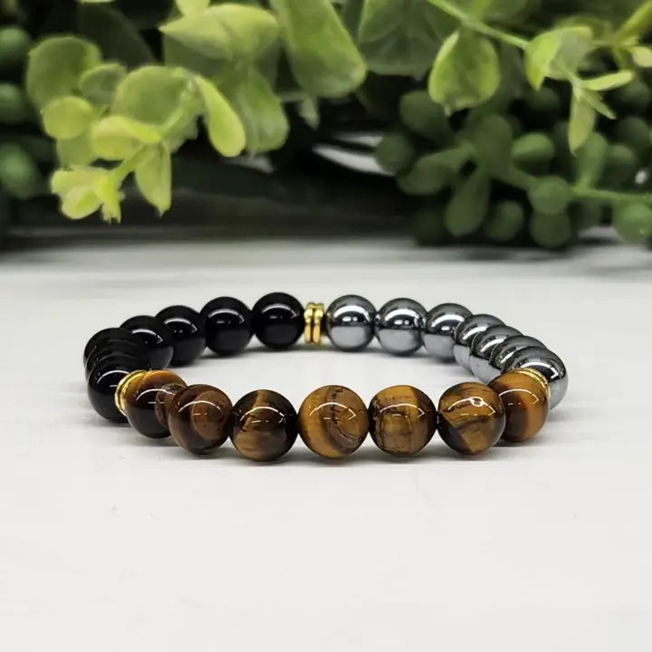 Protection, Triple Intention Bracelet with Hematite, Tiger and Black Obsidian FB2147 🐅