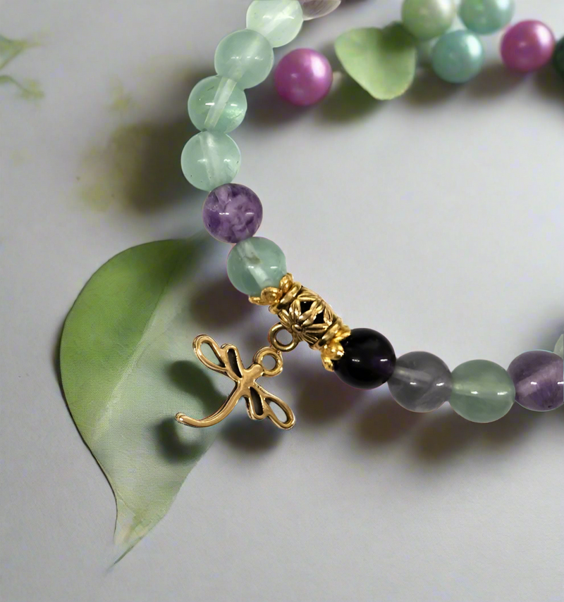 Rainbow Fluorite with Dragonfly or Hamsa Charm Power / Prayer Bracelet  FB3435