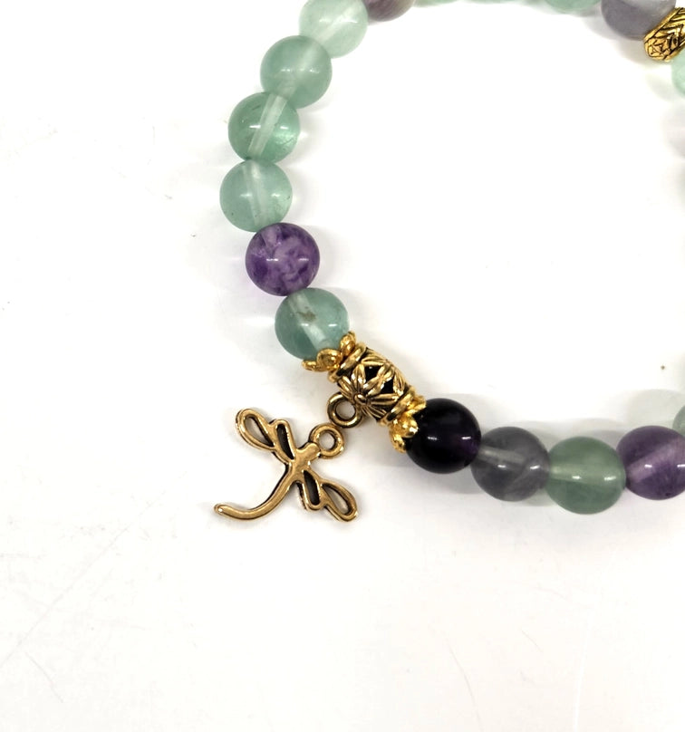 Rainbow Fluorite with Dragonfly or Hamsa Charm Power / Prayer Bracelet  FB3435