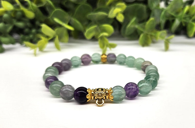 Rainbow Fluorite with Dragonfly or Hamsa Charm Power / Prayer Bracelet  FB3435