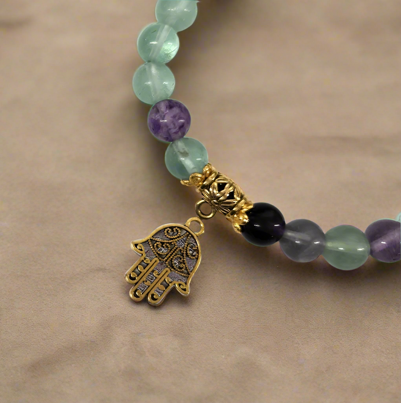 Rainbow Fluorite with Dragonfly or Hamsa Charm Power / Prayer Bracelet  FB3435