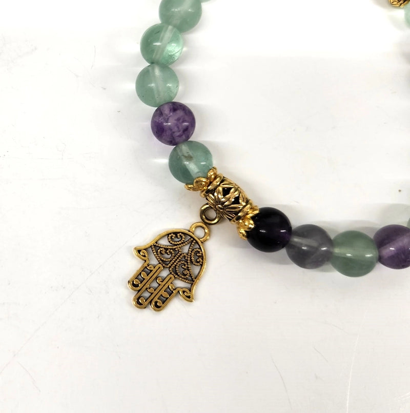 Rainbow Fluorite with Dragonfly or Hamsa Charm Power / Prayer Bracelet  FB3435