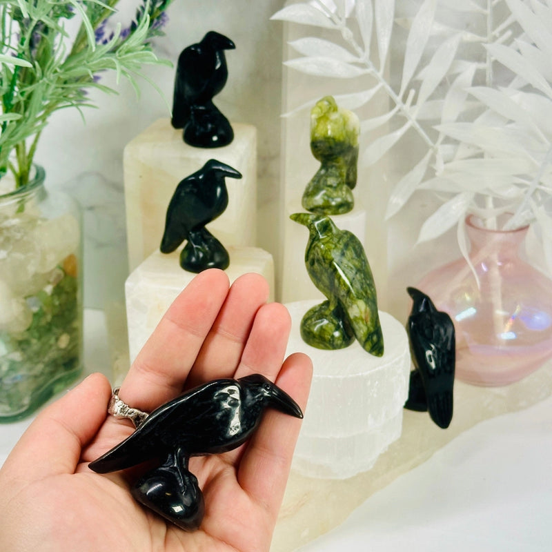 Black Obsidian or Green Jadeite Carved Ravens FB3032 🐦‍⬛🐦‍⬛