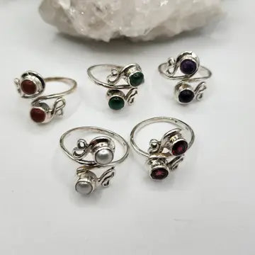 Sterling Silver Semi-Precious Gemstones, Two Stones Adjustable Rings FB1250