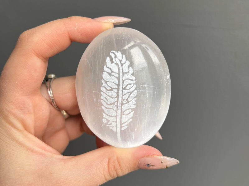 Selenite Palm Stone with Etched Feather FB2393 🪶