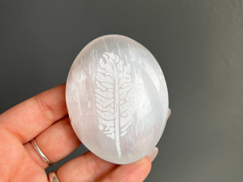 Selenite Palm Stone with Etched Feather FB2393 🪶