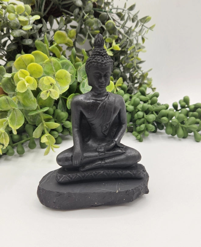 Shungite Finely Carved Buddha on stone base, 2 styles FB3115