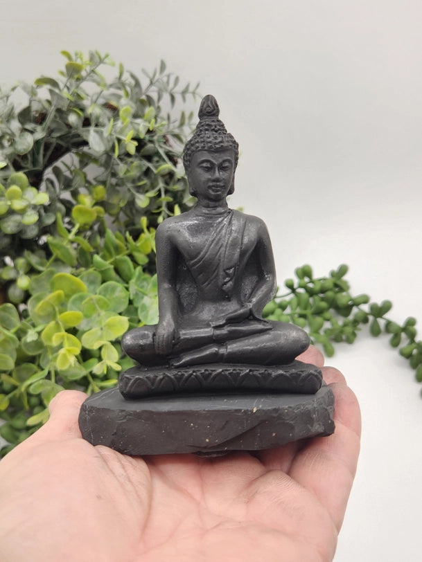 Shungite Finely Carved Buddha on stone base, 2 styles FB3115