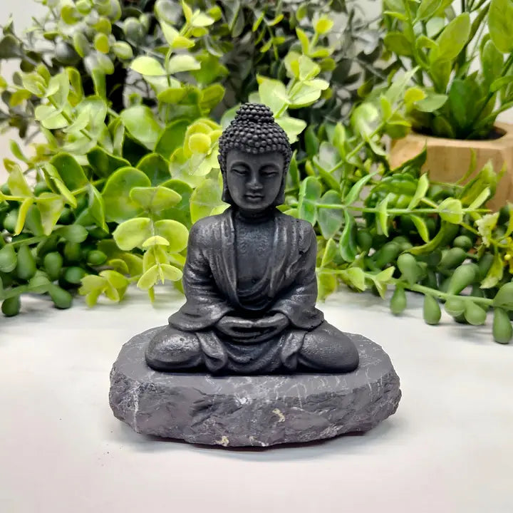 Shungite Finely Carved Buddha on stone base, 2 styles FB3115