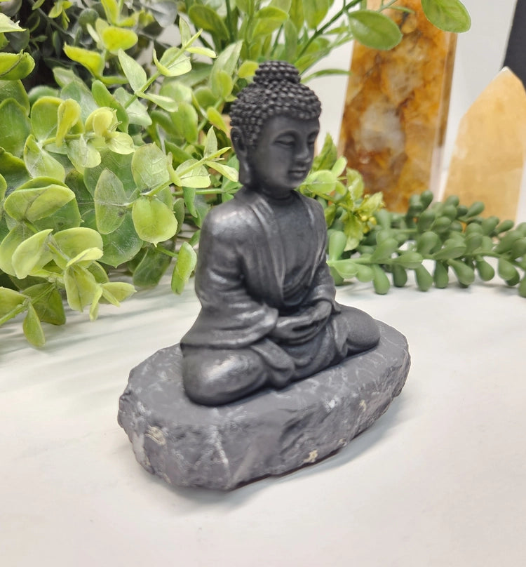 Shungite Finely Carved Buddha on stone base, 2 styles FB3115