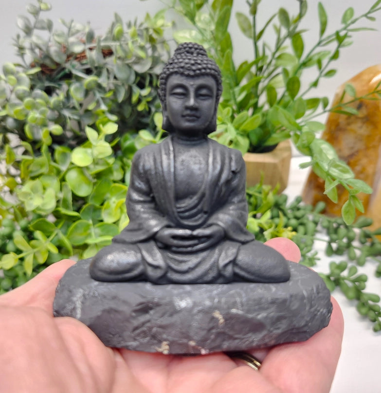 Shungite Finely Carved Buddha on stone base, 2 styles FB3115