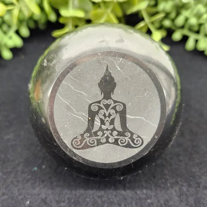 Shungite Sphere with Buddha Engraving on Flat Side, Powerful Healing Crystal & Protection FB3456