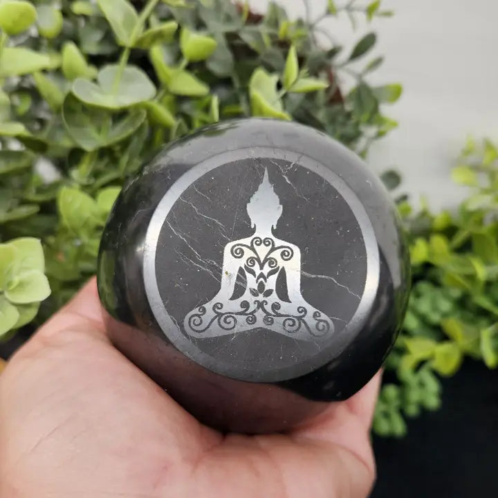 Shungite Sphere with Buddha Engraving on Flat Side, Powerful Healing Crystal & Protection FB3456