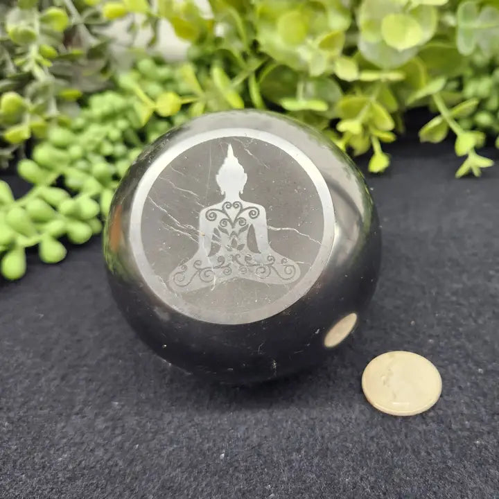 Shungite Sphere with Buddha Engraving on Flat Side, Powerful Healing Crystal & Protection FB3456