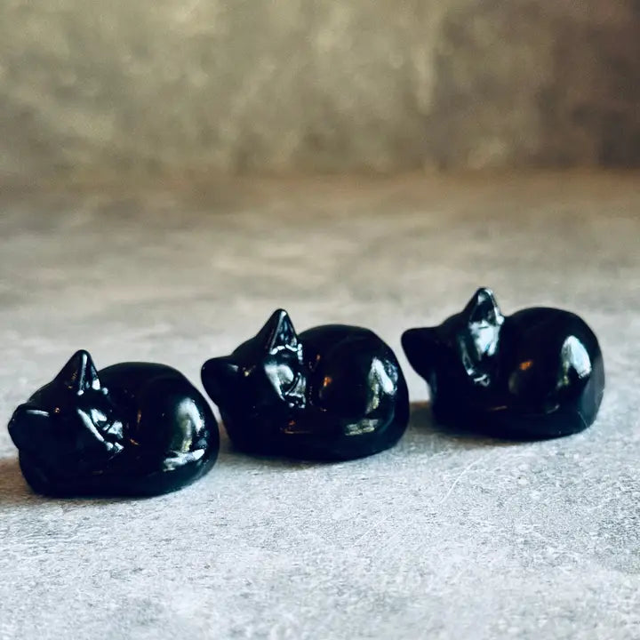 Sleeping Cat Kitten Black Obsidian Carving Totem / Spirit Animal FB2311 🐈‍⬛