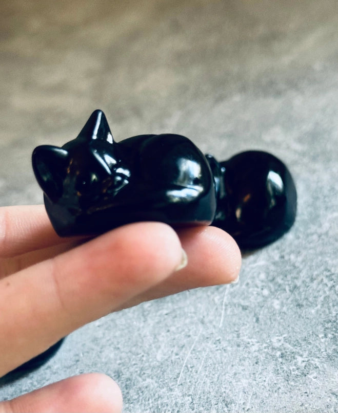 Sleeping Cat Kitten Black Obsidian Carving Totem / Spirit Animal FB2311 🐈‍⬛