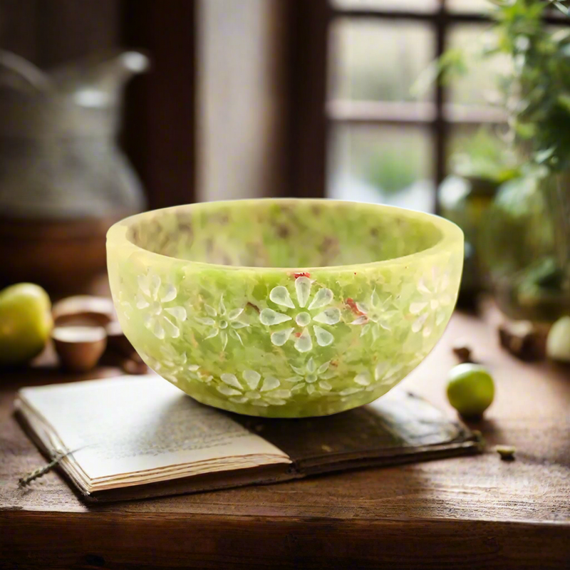 Smudge Bowl Carved from Soapstone Green Floral FB3461 🌿