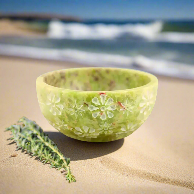 Smudge Bowl Carved from Soapstone Green Floral FB3461 🌿