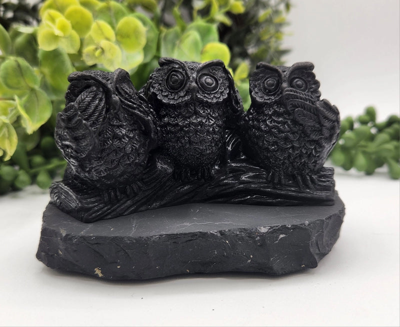 Shungite Three Owls, See no Evil, Hear no Evil, Speak no Evil, grounding FB3451