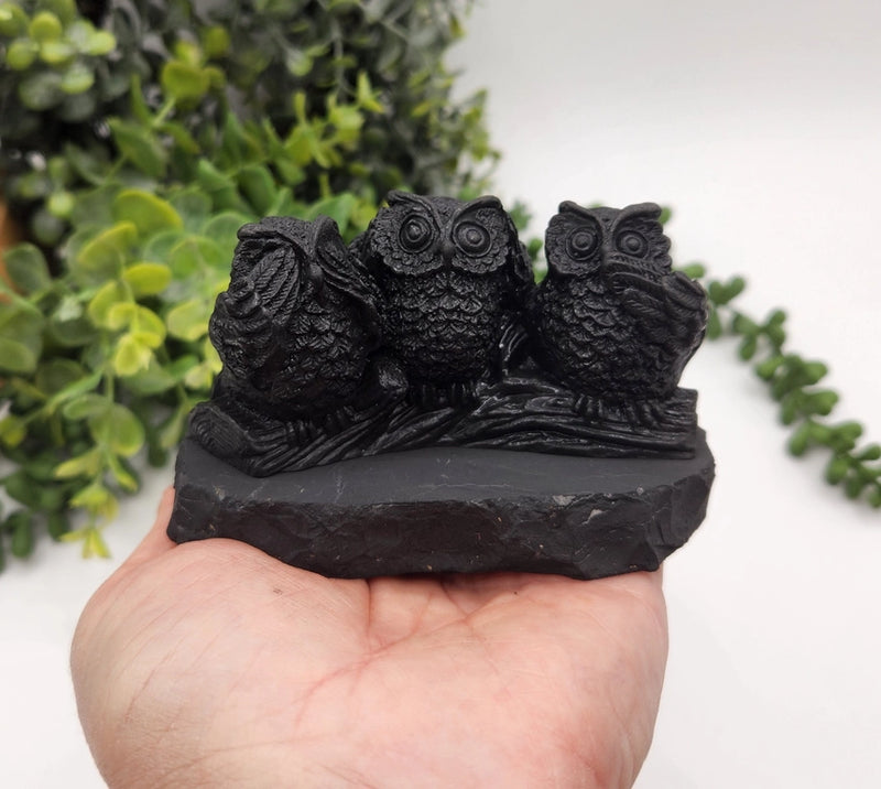 Shungite Three Owls, See no Evil, Hear no Evil, Speak no Evil, grounding FB3451