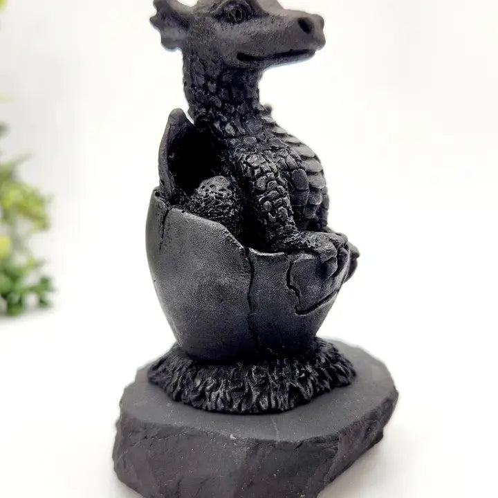 Shungite Dragon in Egg on Base, Detailed Carving, grounding & protection stone FB3448