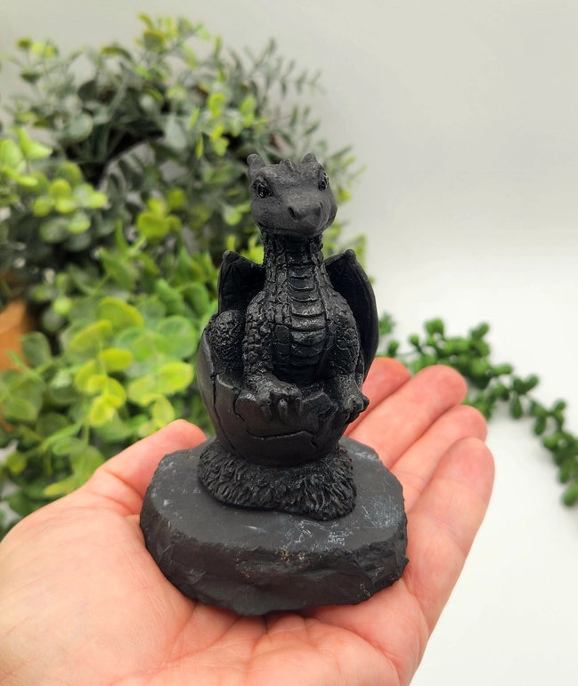 Shungite Dragon in Egg on Base, Detailed Carving, grounding & protection stone FB3448